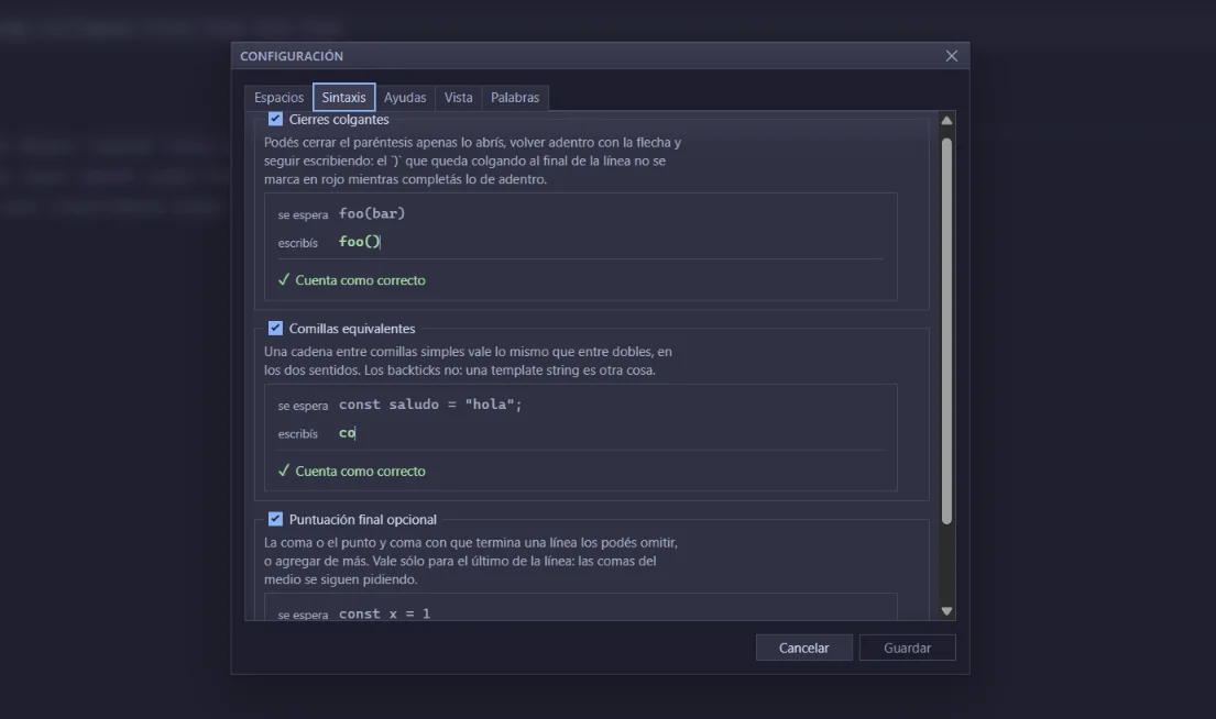 Settings modal: each switch runs the real engine on an example